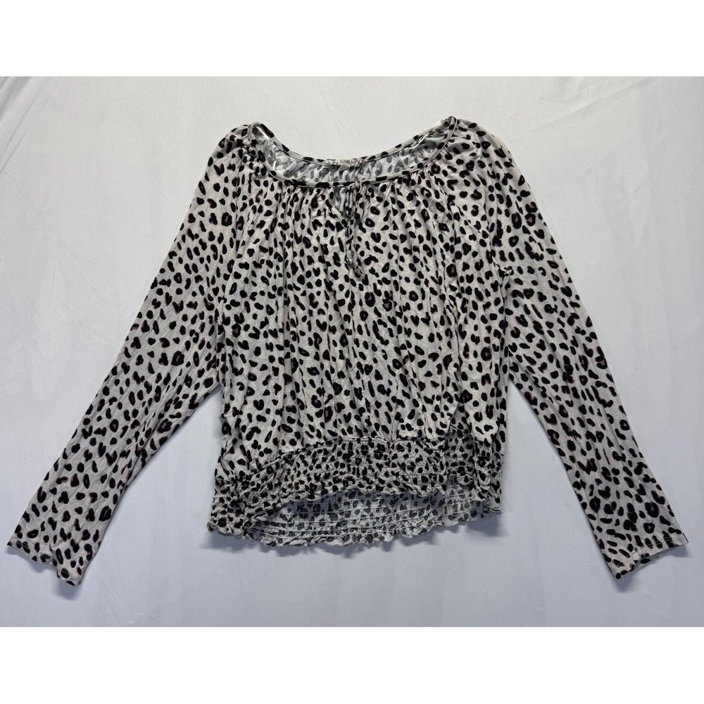Republic Top Womens‎ 2XL White Black Cheetah Print Tie Keyhole Neck Smocked Hem